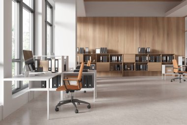 Sıraya dizilmiş koltuklar ve bilgisayarlarla açık alan eşzamanlı çalışma, açık beton zemin. Raflı iş yeri. Tropik bölgelerde panoramik pencere. 3B görüntüleme