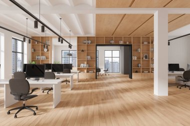 Koltuklar ve bilgisayarlarla birlikte çalışan iş ortakları, dekorasyonlu raflar. Toplantı odalı iş yeri. Bangkok gökdelenlerinin panoramik penceresi. 3B görüntüleme