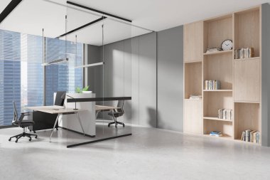Camdan bölümleri, minimalist masaları, sandalyeleri ve beton zeminde ahşap rafları olan modern bir ofis. İş konsepti. 3B Hazırlama