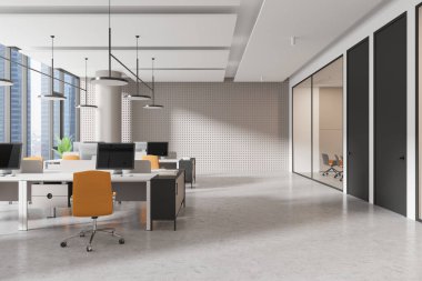 Ofis içi çalışma alanı, bilgisayar masaları arasında beton zemin üzerinde bölücü var. Tartışmak için cam konferans odası. Gökdelenlerin panoramik penceresi. 3B görüntüleme