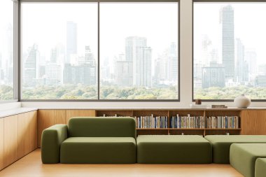 Geniş pencereli muhteşem şehir manzaralı yeşil bir kanepe ve bir kitaplığa sahip modern oturma odası. Çağdaş tasarım. 3B Hazırlama.