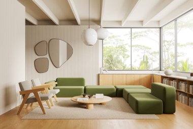 Bej renkli oturma odasının içinde iki koltuk ve yeşil kanepe, duvarında kitap ve aynalar olan bir şifonyer. Tropik bölgelerde panoramik pencereli toplantı ya da dinlenme alanı. 3B görüntüleme