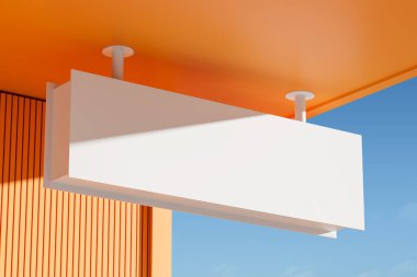 Dikdörtgen beyaz, turuncu bina tavanına yan manzara tabelası asıyor. Gökyüzü arkaplanının reklamını yapmak için şehrin dış yüzey pankartıdır. 3B görüntüleme