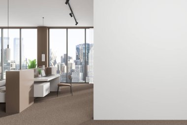 Beyaz ve bej ev yatak odası iç yatak odası, oda ayırıcı ve koltuk ve dizüstü bilgisayarlı iş yeri. New York gökdelenlerinin panoramik penceresi. Boş duvar bölmesini düzenle. 3B görüntüleme