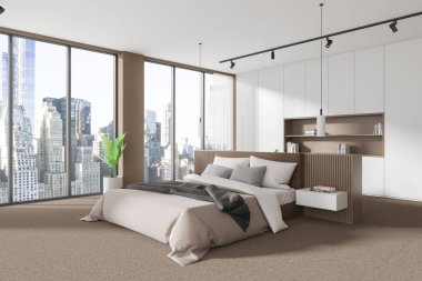 Ev yatak odası iç yatak odası ve komodinin köşesi, aksan duvarı ve kitaplarla dolu beyaz raf. New York 'ta panoramik pencereli minimalist uyku odası. 3B görüntüleme