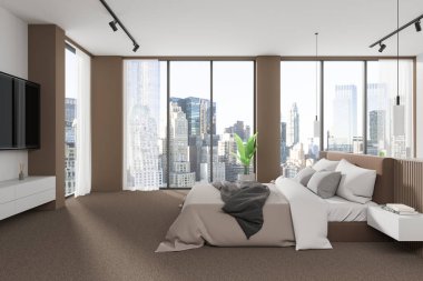 Geniş bir yatak odası, büyük bir yatak odası, minimalist bir dekor ve şehir manzarası sunan geniş pencereli. Şehir hayatı kavramı. 3B Hazırlama.