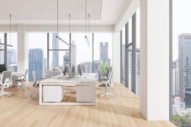 Geniş, modern, açık alan ofis iç mimarisi. Arka planda parlak mobilyalar ve çağdaş tasarım içeren bir şehir silueti var. 3B Hazırlama