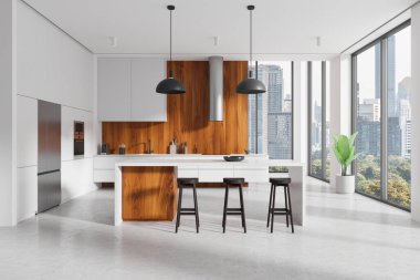 Ahşap aksanlı modern bir minimalist mutfak, siyah kolye ışıkları ve şehir manzaralı büyük pencereler. Çağdaş ev tasarımı kavramı. 3B Hazırlama.