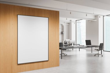 Çalışma alanının iç görünüşü koltuklu, bilgisayar yüklü bir masa beton zemin. Singapur gökdelenlerinin panoramik penceresi. Tuvalin posterini hazırla. 3B görüntüleme