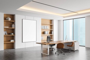 Modern ofis içi duvarında boş beyaz bir poster, ahşap raflar, masa ve sandalyeler. Parlak pencere arkaplanı. 3B Hazırlama