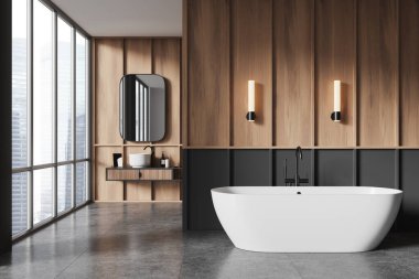 Modern banyo içinde beyaz küvet, ahşap paneller ve siyah aksanlar var. Şehir manzaralı büyük pencereler. 3B Hazırlama