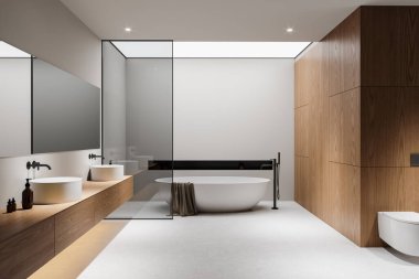Modern banyo içinde ahşap elementler, serbest duran beyaz bir küvet, büyük aynalar ve parlak eşyalar var. Minimalist tasarım. 3B Hazırlama.