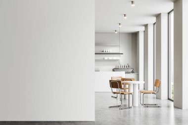 İçinde ahşap sandalyeler ve masalar, solunda boş duvar ve sağında büyük pencereler olan modern bir kafe. Düzen şablonu kavramı. 3B Hazırlama