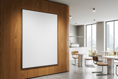 Modern bir kafenin ahşap duvarında boş bir poster modeli, masa ve sandalyeler, arka planda büyük pencereler. Reklam kavramı. 3B Hazırlama