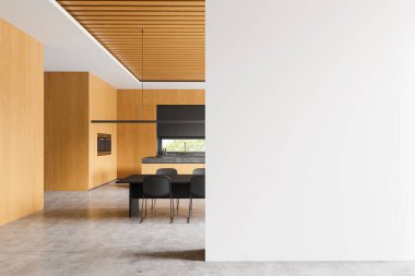 Modern mutfak, ahşap dolaplar, siyah yemek masası ve sandalyeler. Model ya da şablon için boş beyaz duvar. 3B Hazırlama