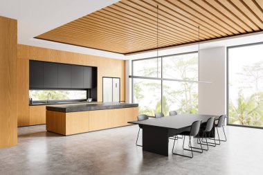 Mutfak manzarası, yemek masası, bar adası, beton zemin. Mutfak dolabı ve buzdolabı dolu yemek odası. Tropik bölgelerde panoramik pencere. 3B görüntüleme