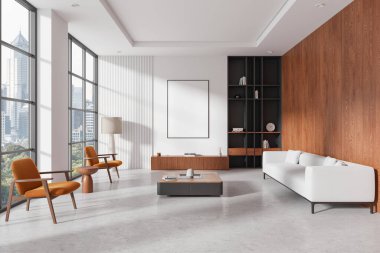Geniş pencereli, turuncu sandalyeli, minimalist mobilyalı ve manzaralı modern oturma odası. 3B Hazırlama