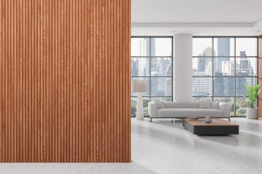 Gri kanepe ve bitkiyle dekore edilmiş kahve masası olan şık bir ev oturma odası. Bangkok gökdelenlerinin panoramik penceresi. Boşluk boş duvar bölümünü kopyala. 3B görüntüleme