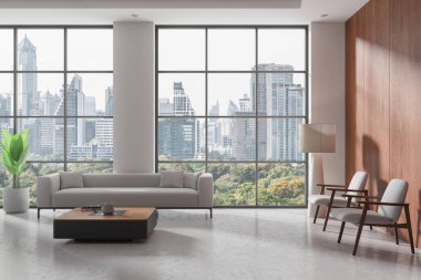 Gri kanepe, iki koltuk ve beton zemin süslemeli kahve sehpası olan rahat bir ev oturma odası. Bangkok gökdelenlerinin panoramik penceresi. 3B görüntüleme