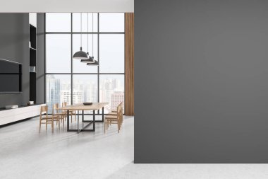 Geniş bir pencere, ahşap masa, sandalyeler ve maket için boş gri bir duvar olan modern bir yemek odası. İç tasarım kavramı. 3B Hazırlama