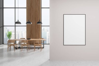 Konforlu ev oturma odası, ahşap masa, sandalyeler, beton zemin. Singapur 'da panoramik pencereli bir yer. Duvar bölmesindeki tuval posterini taklit et. 3B görüntüleme