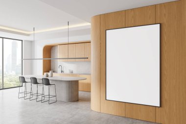 Ahşap ev mutfağı, barın içi, sandalyeler, beton zeminde mutfak gereçleri olan yemek dolabı. Duvar bölmesindeki tuval posterini taklit et. Gökdelenlerin panoramik penceresi. 3B görüntüleme