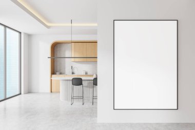 Ahşap dolapları, bar tezgahı ve iki taburesi olan modern bir mutfak. Beyaz bir duvarda boş bir poster. Tasarım şablonu kavramı. 3B Hazırlama