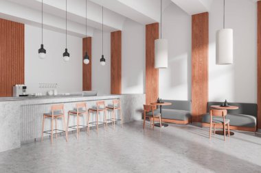 Bar tezgahı, tabure, sandalye ve mutfak gereçleri olan ahşap ve beyaz kafenin köşesi. Yemek masası ve kanepesi olan minimalist yemek alanı. 3B görüntüleme