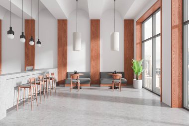 Ahşap aksanları, minimalist mobilyaları ve şehir manzarasına bakan geniş pencereleri olan geniş bir kahve dükkanı. 3B Hazırlama