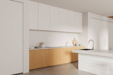 Ev mutfağının köşesindeki taş tezgah ve lavabo, sobalı dolap rafları, mutfak gereçleri ve bulaşıklar. Modern dairede ahşap pişirme alanı. 3B görüntüleme