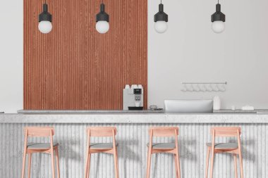 Beyaz ve ahşap bir kafe, bar tezgahı, sıralı tabure, fincanlı kahve makinesi ve tabaklar. Minimalist mobilyaları olan lüks bir yemek odası. 3B görüntüleme