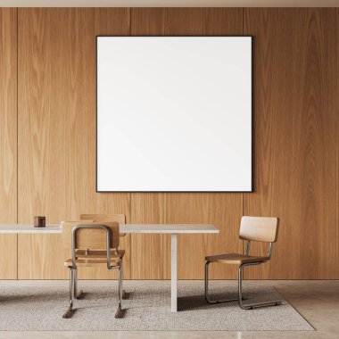 Masa ve ahşap sandalyeli şık bir ev oturma odası. Minimalist dekorasyonlu yer yemek, ahşap zeminde halı. Duvara kare tuval posteri yap. 3B görüntüleme