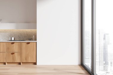 Beyaz ev mutfağı, şık tasarımı, gökdelenlerin panoramik penceresi. Modern dairede fırını olan şık bir yemek alanı. Model boş duvar. 3B görüntüleme