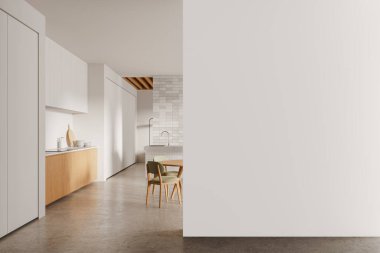 Şık bir ev mutfağı yemek masası ve sandalyeler, beton zeminli rafları olan yemek dolabı. Bar adası ve lavabo. Boş duvar bölmesini düzenle. 3B görüntüleme