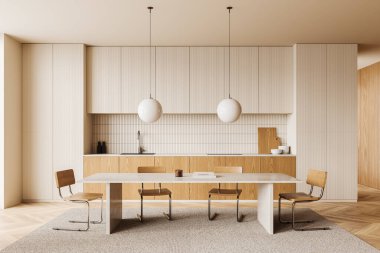 Bej ev yapımı mutfak masası ve sandalyeler, yemek dolabı ve mutfak gereçleri, ahşap zeminde halı. Modern apartman ve koridorda rahat bir yemek salonu. 3B görüntüleme