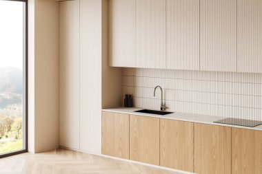 Mutfak dolabının köşesi, mutfak malzemeleri, ahşap zemin. Lavabo ve elektrikli sobayla yemek pişirme alanı tasarımı. Kırsal kesimde panoramik pencere. 3B görüntüleme