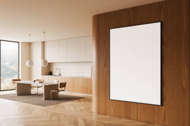 Mutfak manzarası, yemek masası, sandalyeler, yerde halı. Kırsal alanda mutfak dolabı ve panoramik pencere. Ahşap duvarda büyük bir tuval oluşturun. 3B görüntüleme