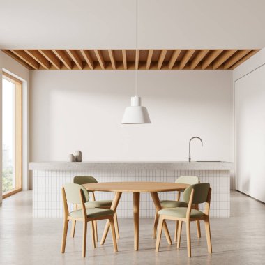 Ahşap mobilyalar ve minimalist dizaynlı, yuvarlak masa ve sandalyeli, temiz ve parlak bir arka plan üzerine kurulmuş modern mutfak iç mimarisi. 3B Hazırlama