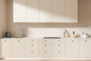 Lüks bej ev mutfağı. İçinde minimalist dolap, gaz sobası, mutfak gereçleri ve kahve makinesi var. Rafları ve aletleri olan şık bir yemek alanı. 3B görüntüleme
