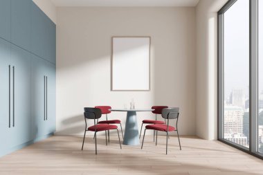 Mavi ve bej ev mutfağı. Yemek masası, sandalyeler, ahşap zemin üzerinde yemek odası. Singapur gökdelenlerinin panoramik penceresi. Boş bir poster hazırla. 3B görüntüleme