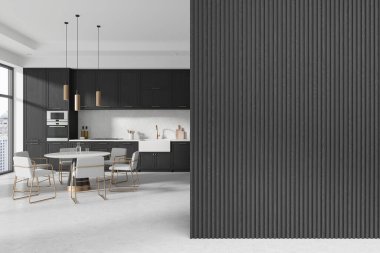 İçinde karanlık dolaplar, beyaz sandalyeli bir yemek salonu ve dokulu bir duvar olan modern mutfak. Lüks ev tasarımı konsepti. 3B Hazırlama