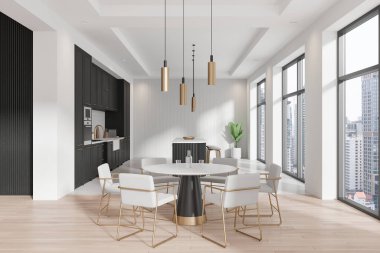 Çağdaş mutfak, parlak siyah dolaplar, beyaz sandalyeli yuvarlak yemek masası, şehir manzarasına bakan geniş pencereler. 3B Hazırlama