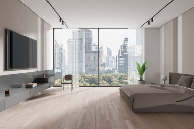 Şehir manzarası olan geniş camlı pencereli modern bir yatak odası. Minimalist tasarım, ahşap zemin ve nötr tonlar. 3B Hazırlama