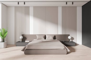 Minimalist tasarımı, nötr tonları, şık dekorları ve saksı bitkisi olan çağdaş bir yatak odası. Zarif ve barışçıl iç tasarım. 3B Hazırlama
