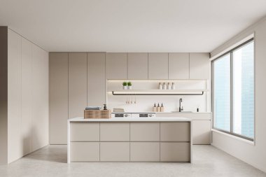 Lüks bej ev çamaşırları adanın içi, lavabo ve aksesuarlı dolap, giysi korkulukları. Gökdelenlerdeki çamaşır makineleri ve panoramik pencereler. 3B görüntüleme