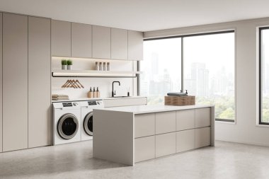 Bej rengi dolapları, çamaşır makineleri ve geniş pencereli şehir manzaralı modern çamaşır odası. Asgari tasarım, 3B görüntüleme