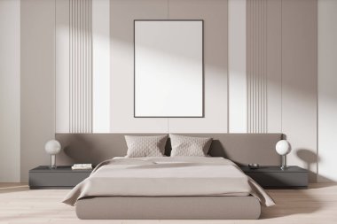 Modern bir yatak odasının içinde, açık renkli duvarları olan boş bir poster modeli sergileniyor. 3B Hazırlama
