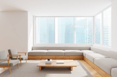 Şık bir oturma odası, kanepe ve iki koltuk, Singapur 'da dekorasyonu ve panoramik penceresi olan bir sehpa. Rahat mobilyalarla rahatlatıcı bir yer. 3B görüntüleme