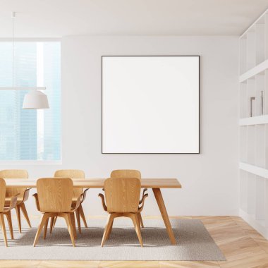 Beyaz oturma odasının içi ahşap yemek masası ve sandalyelerle dolu. Rafta da ahşap kaplı kitaplar var. Gökdelenlerin panoramik penceresi. Boş kare posteri yap. 3B görüntüleme