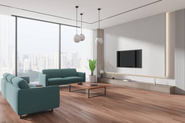 Oturma odasının köşesindeki kanepe, ahşap zemin, televizyon ekranı, büfe ve süslemeli kahve masası. Gökdelenlerin panoramik penceresi. 3B görüntüleme